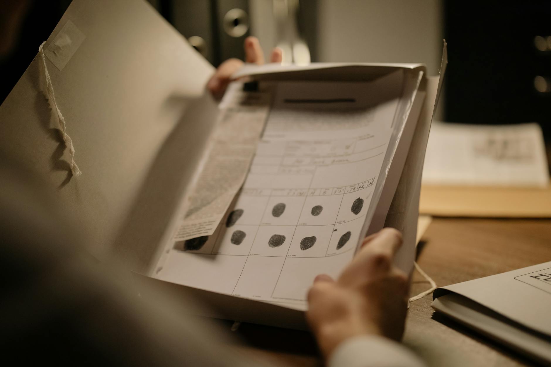 Dokument z odciskiem palca w otwartej teczce w laboratorium kryminalistycznym